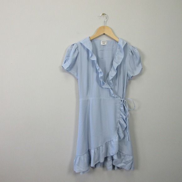 Aritzia Sunday Best Wrap Mini Dress 0 Blue Ruffle Trim Short Sleeve Sundress 320 - Picture 1 of 10